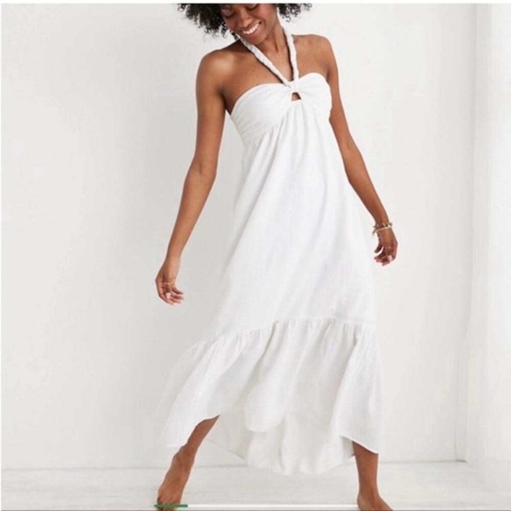 NEW Aerie White Linen Blend Braided Halter Hi-Low Summer Boho Maxi Dress M